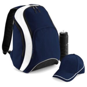 a blue and white backpack