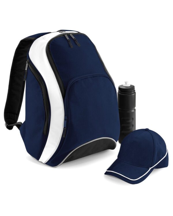 a blue and white backpack